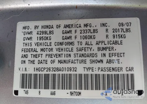 2008 Honda Accord 2.4 Lx из США, поврежденный, VIN 1HGCP26328A010932